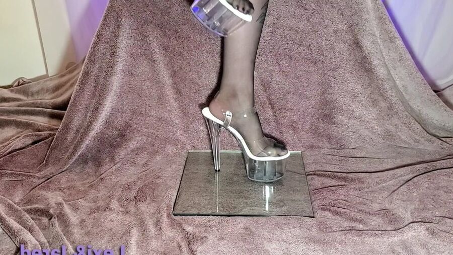 Clear Platform Heels on Young Pantyhose Feet Shoeplay Fetish
