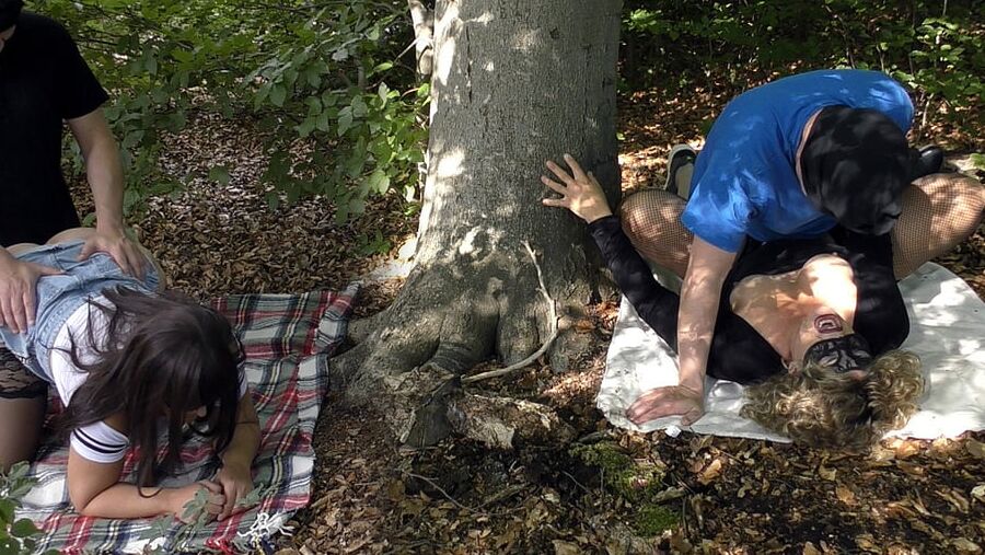 Jessica and Marion creampied by some guys in the woods