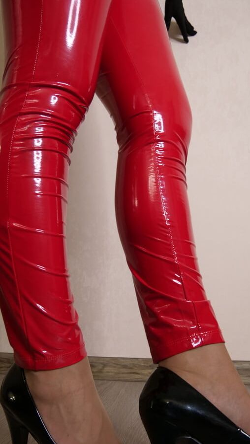 Skirt, panties and red sexy latex leggings