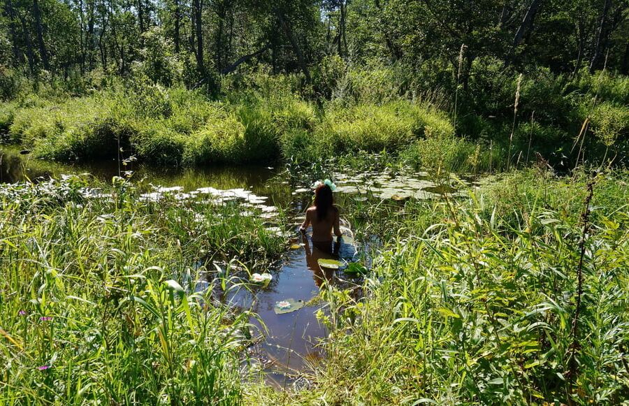 In a weedy pond