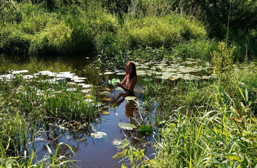 In a weedy pond