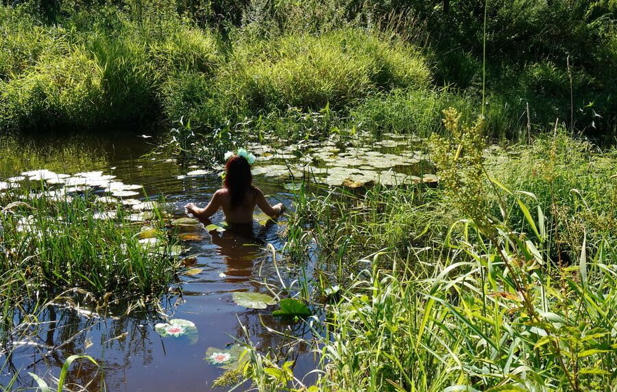 In a weedy pond