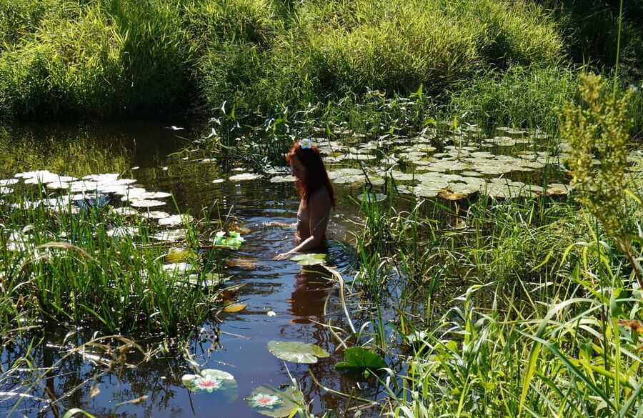 In a weedy pond