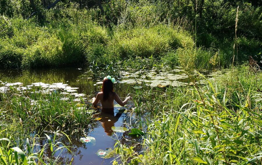 In a weedy pond