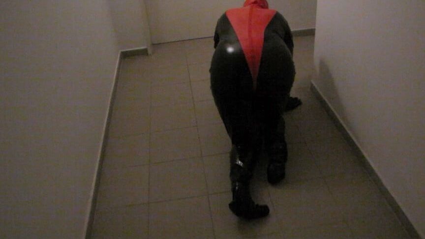 Petplay in latex suit ...