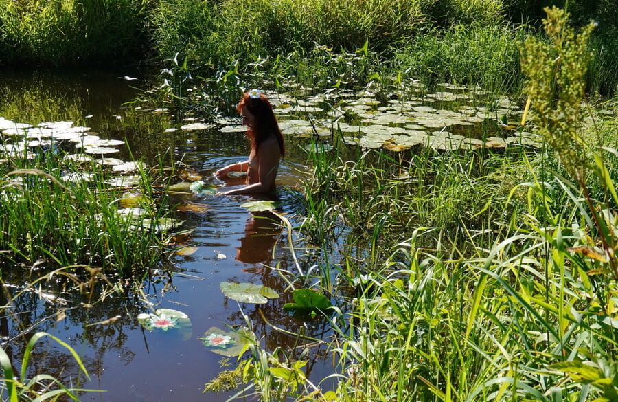 In a weedy pond