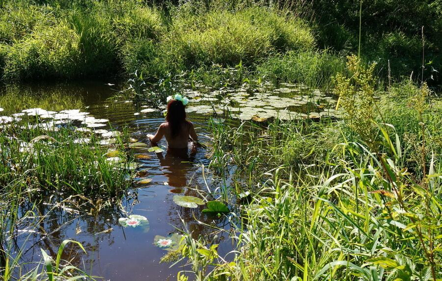 In a weedy pond