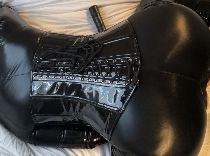 Black Catsuit, Boots, Corset and Vibrator