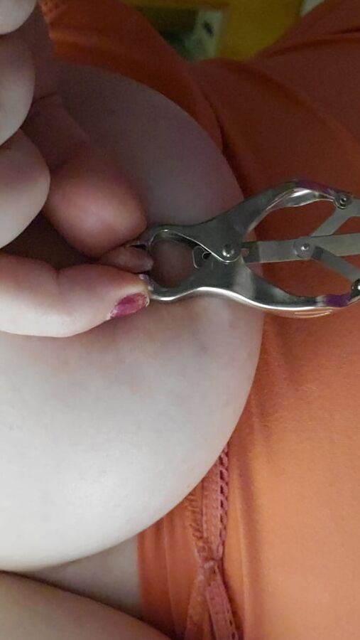 Bored housewife milf with nipple clamps and gag