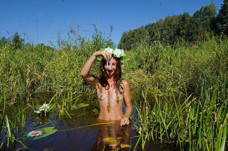 In pond with waterflowers