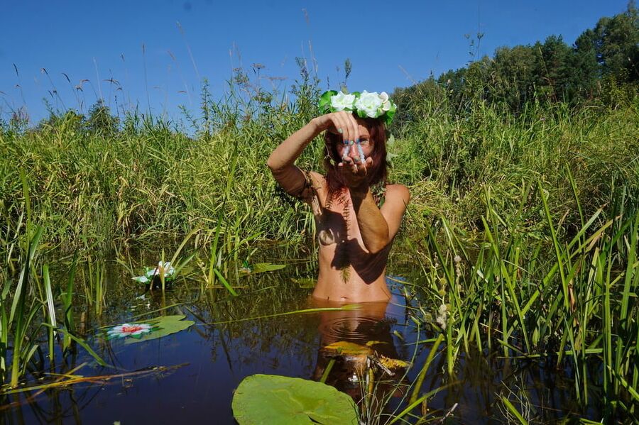 In pond with waterflowers