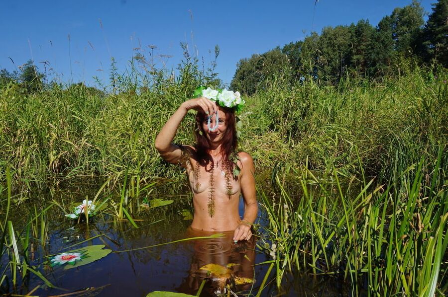 In pond with waterflowers
