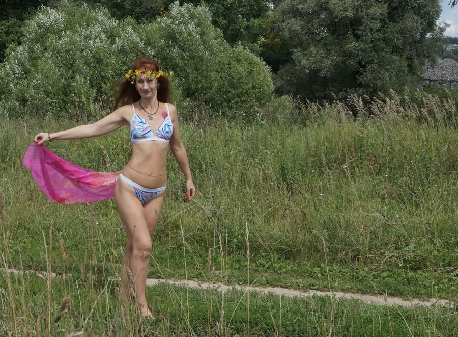 With a pink shawl