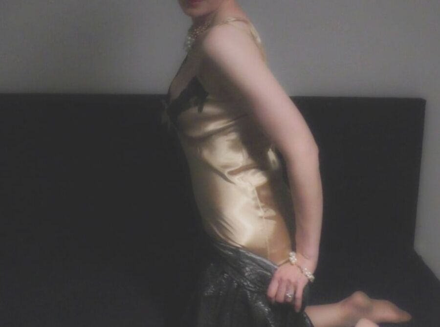 Satin nightie and shiny crotchless pantyhose
