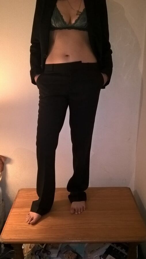 My beautiful hairy wife in suit and green lingerie