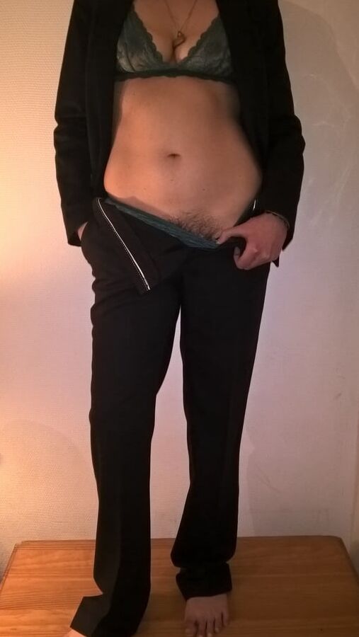 My beautiful hairy wife in suit and green lingerie