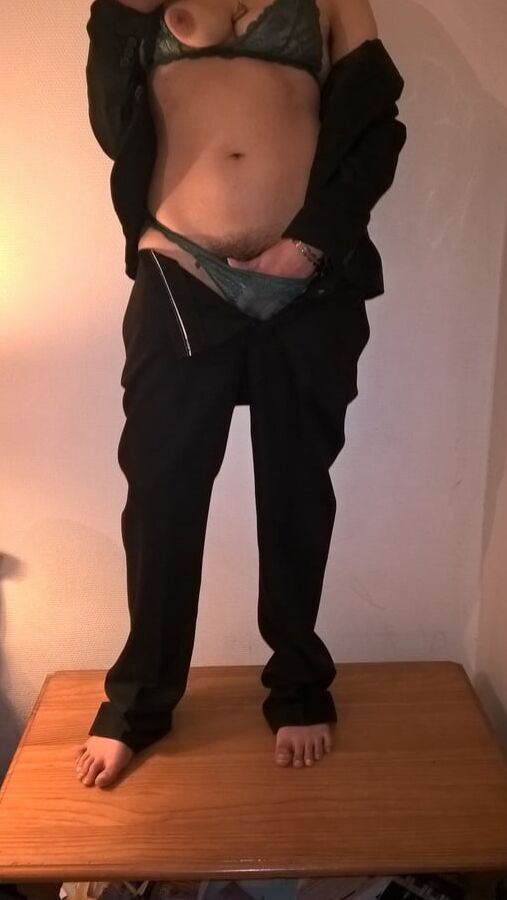 My beautiful hairy wife in suit and green lingerie