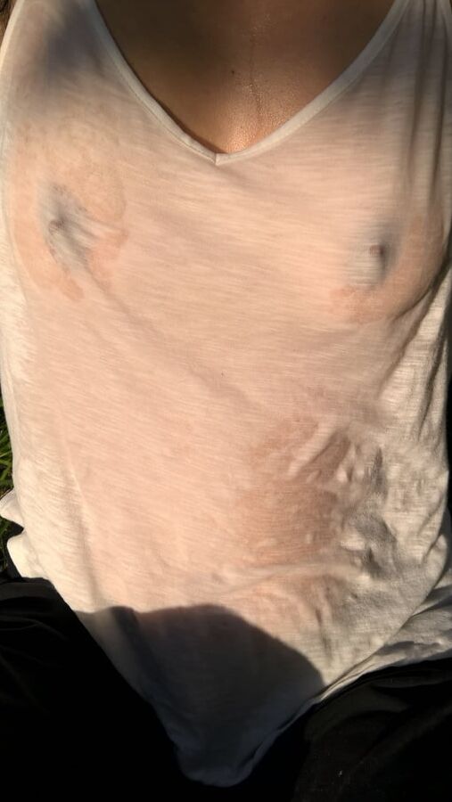 My Beautiful hairy wife in wet t shirt in the garden
