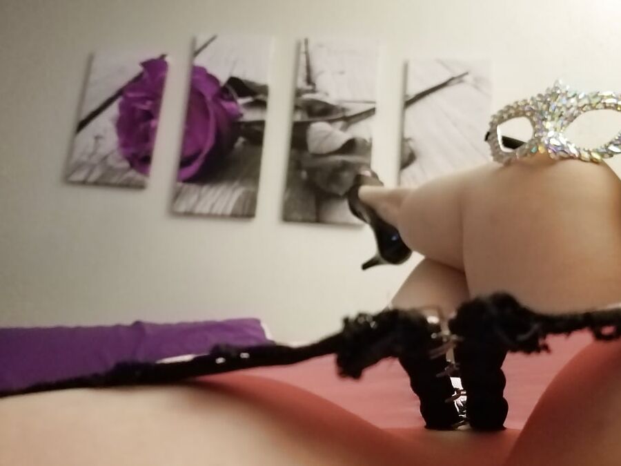 Dainty Pink Corset skirt and heels & favorite crystal mask