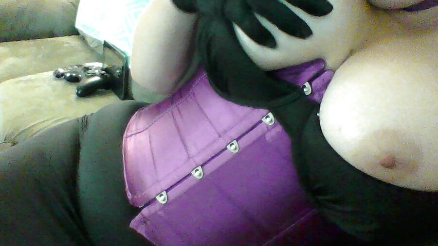 MILF in Purple Corset & Satin Gloves Playing with Huge Tits