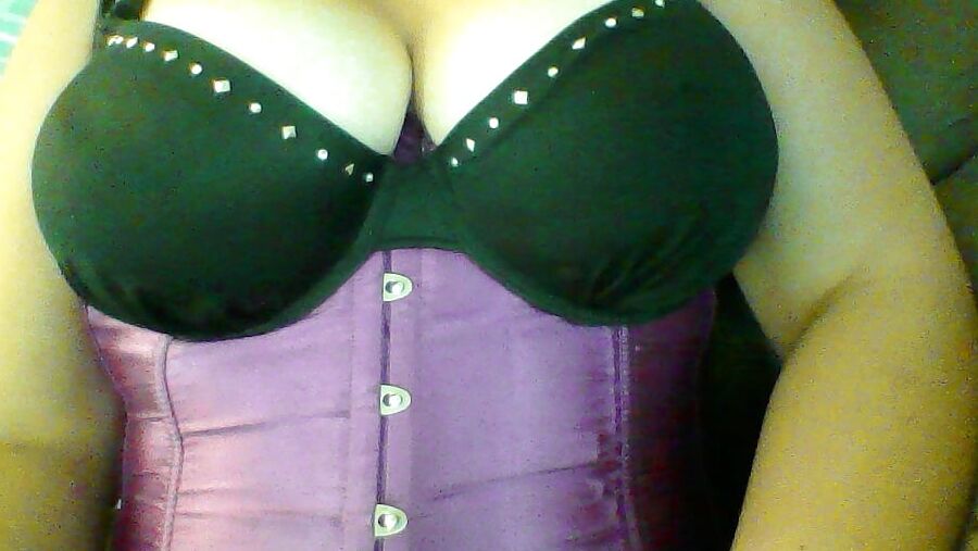MILF in Purple Corset & Satin Gloves Playing with Huge Tits
