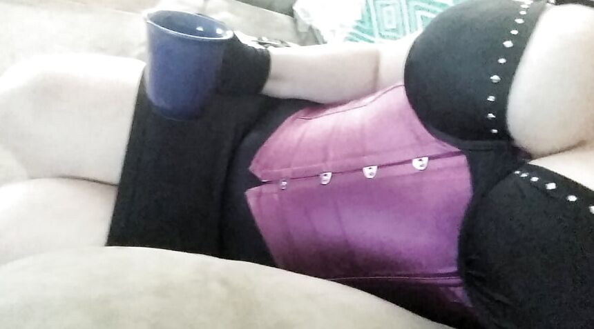 MILF in Purple Corset & Satin Gloves Playing with Huge Tits