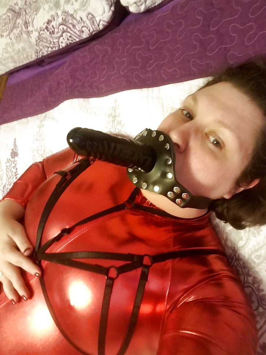 Shiny Red Catsuit, Zenati, Gas Mask, Harness, Strapon