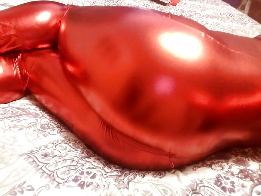 Shiny Red Catsuit, Zenati, Gas Mask, Harness, Strapon