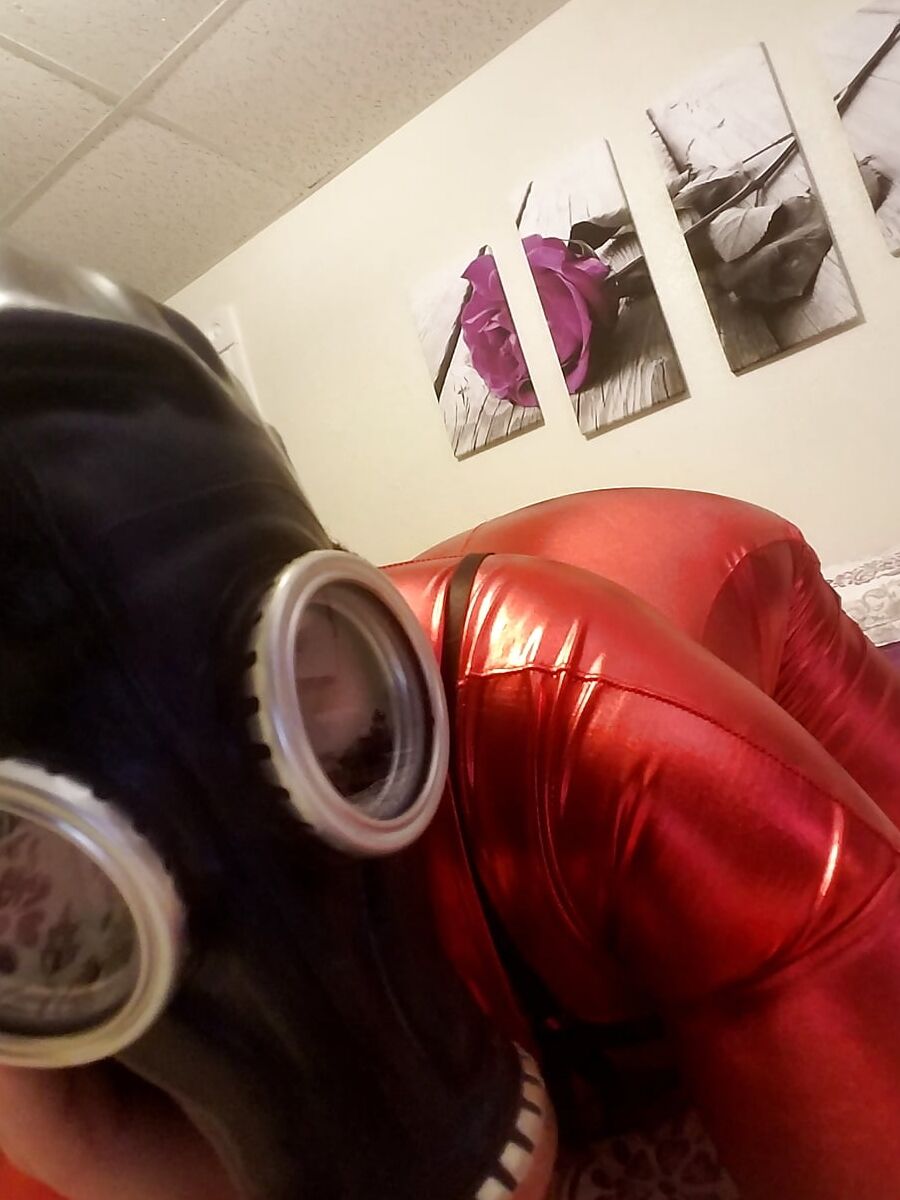 Shiny Red Catsuit, Zenati, Gas Mask, Harness, Strapon