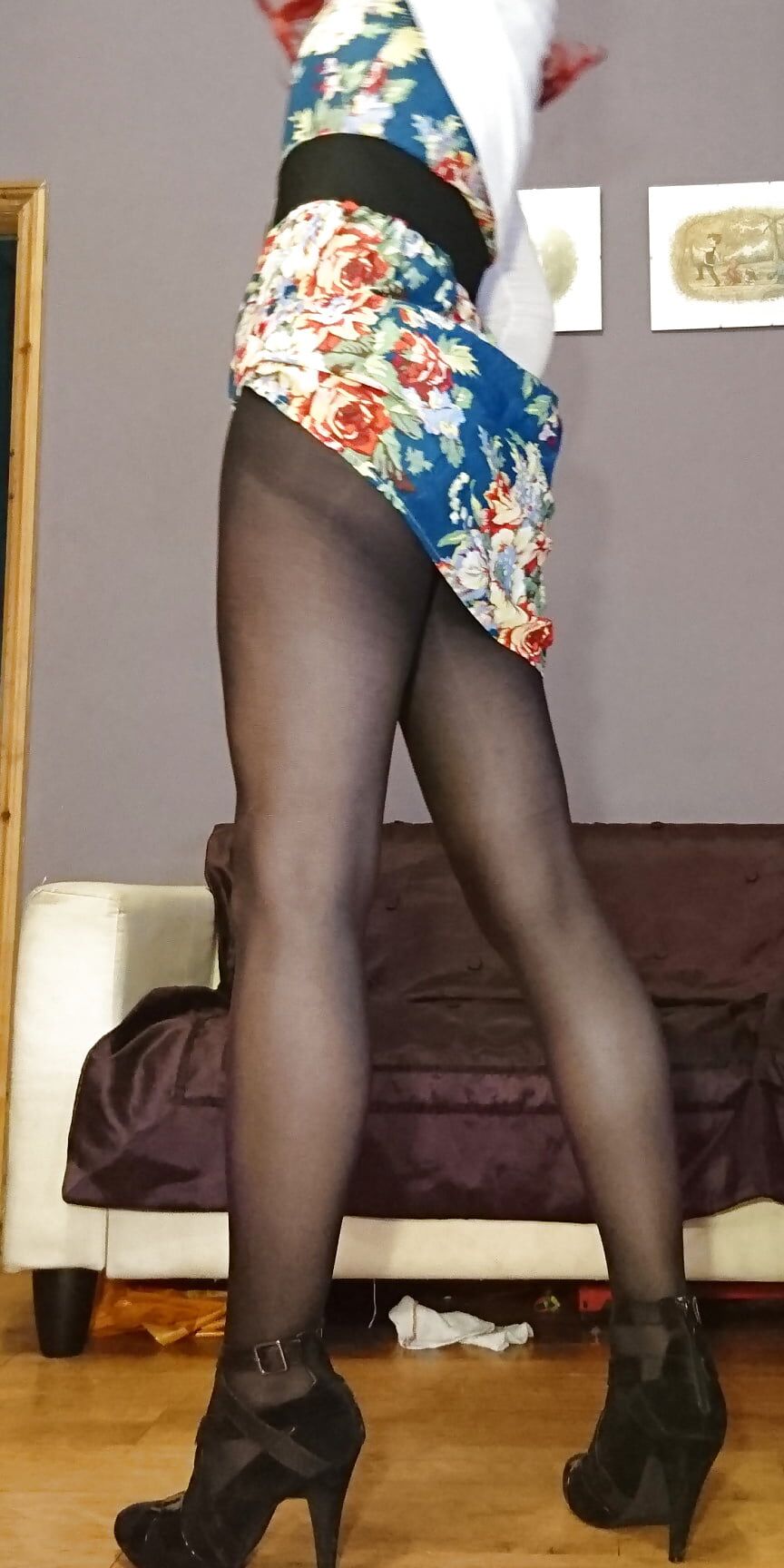 Marie crossdresser in opaque pantyhose and floral dress