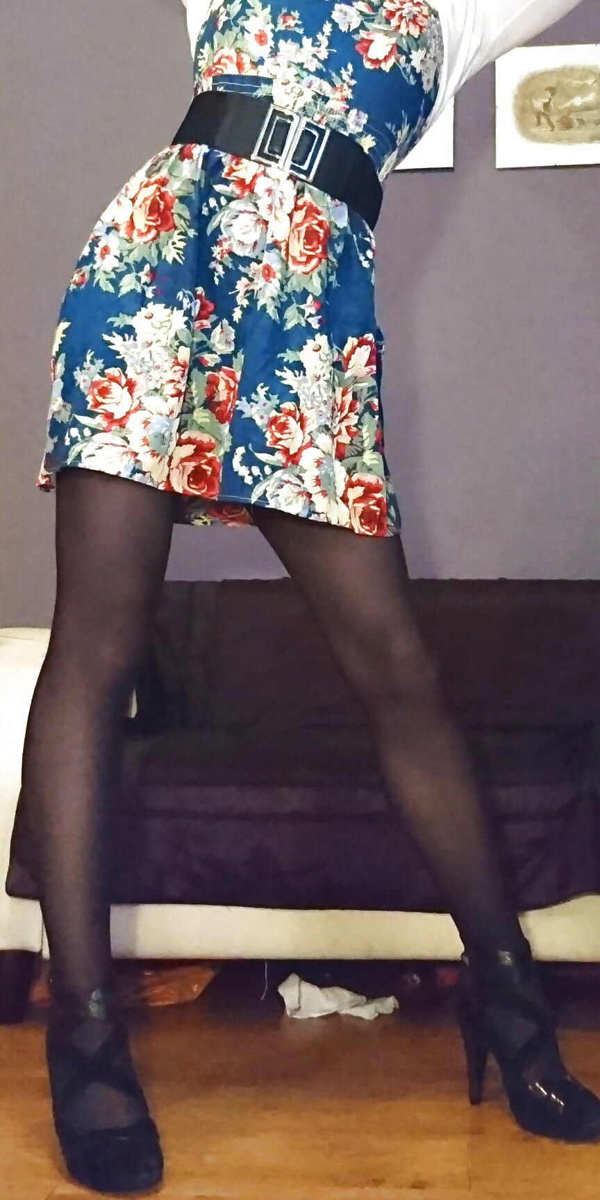 Marie crossdresser in opaque pantyhose and floral dress