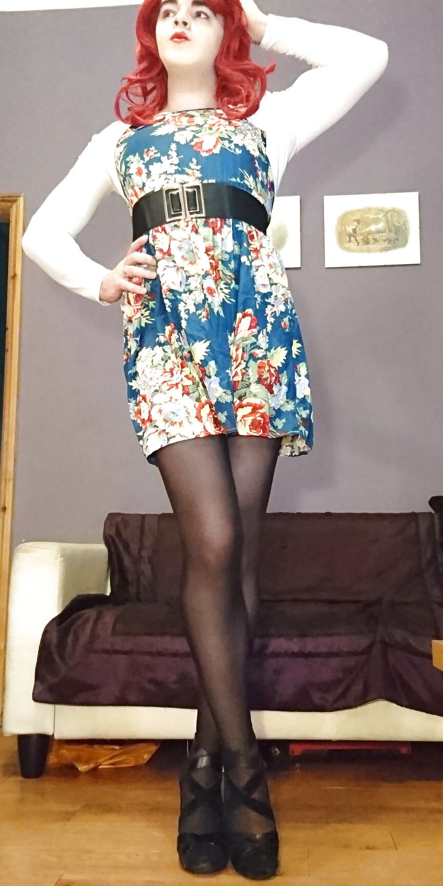 Marie crossdresser in opaque pantyhose and floral dress