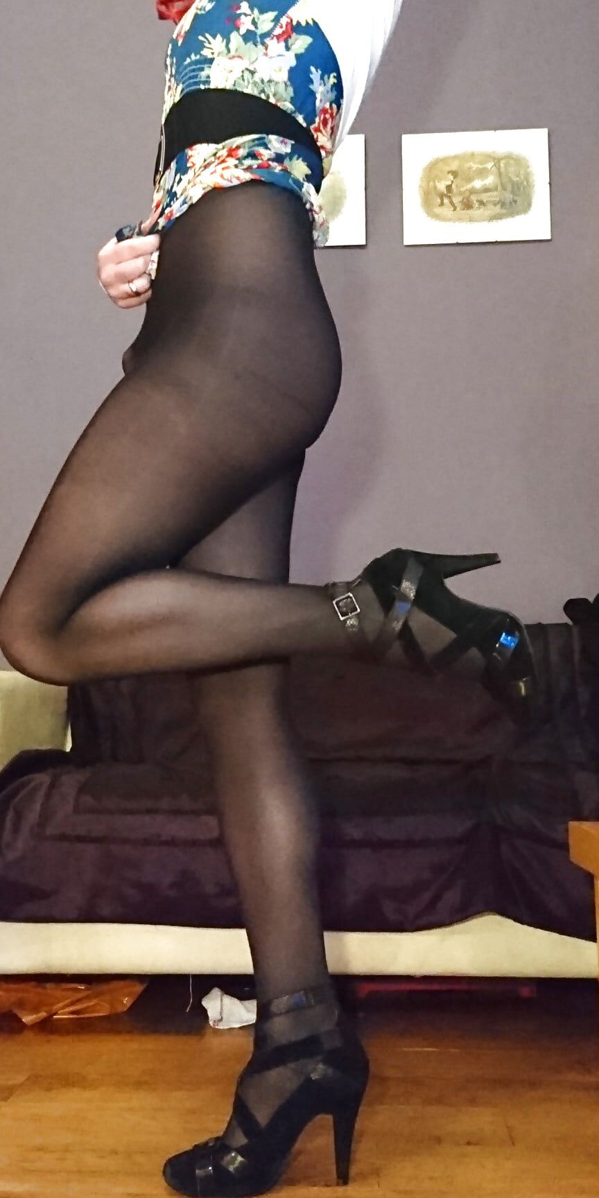 Marie crossdresser in opaque pantyhose and floral dress