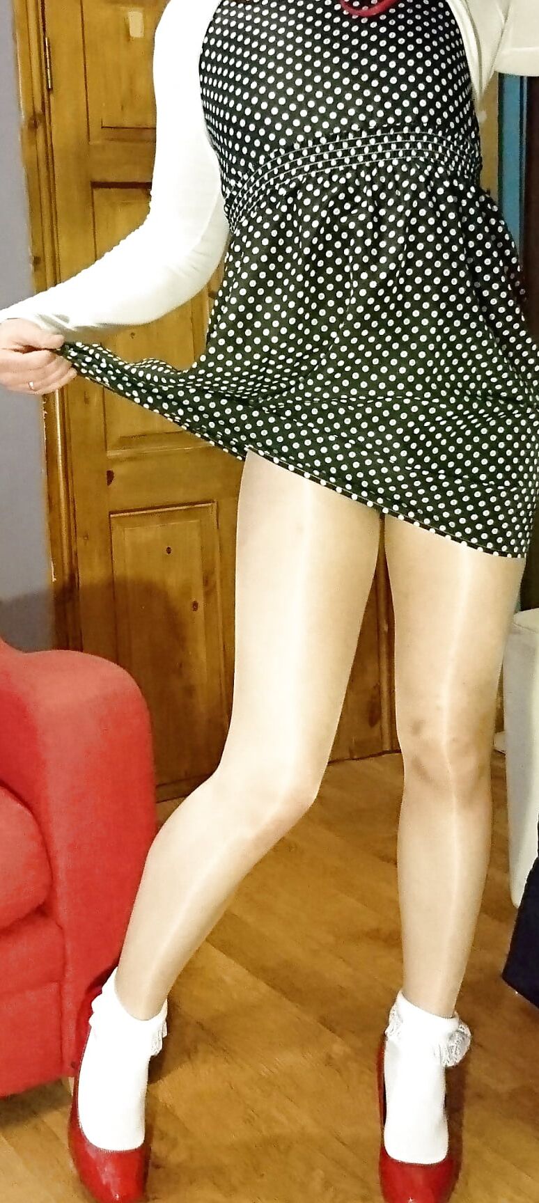 Marie crossdresser in polka-dots and frilly socks