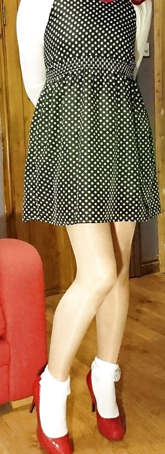 Marie crossdresser in polka-dots and frilly socks