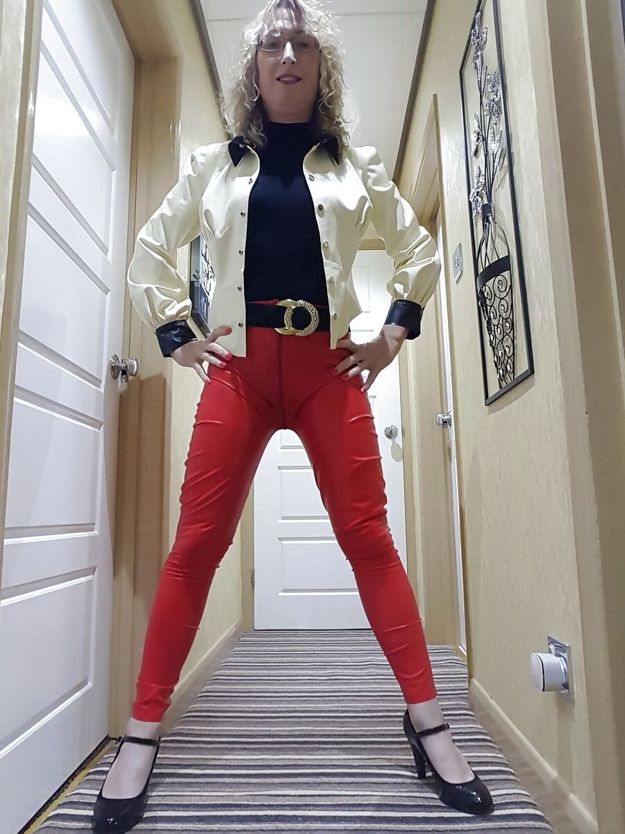 White latex jacket and red latex trousers