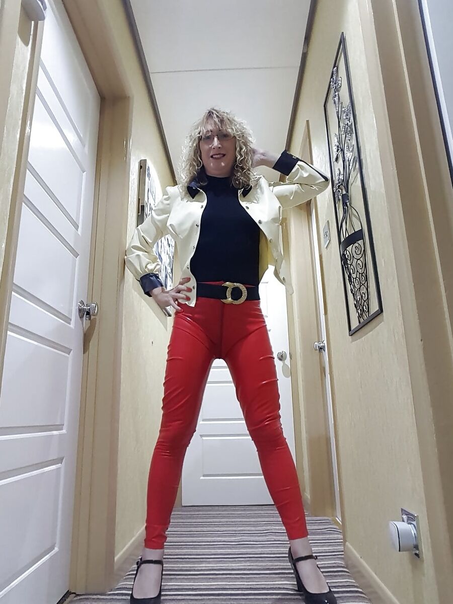 White latex jacket and red latex trousers