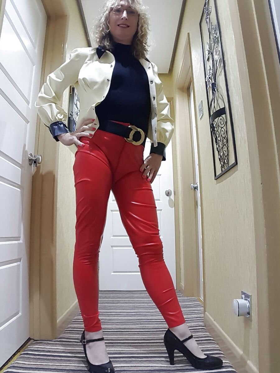 White latex jacket and red latex trousers