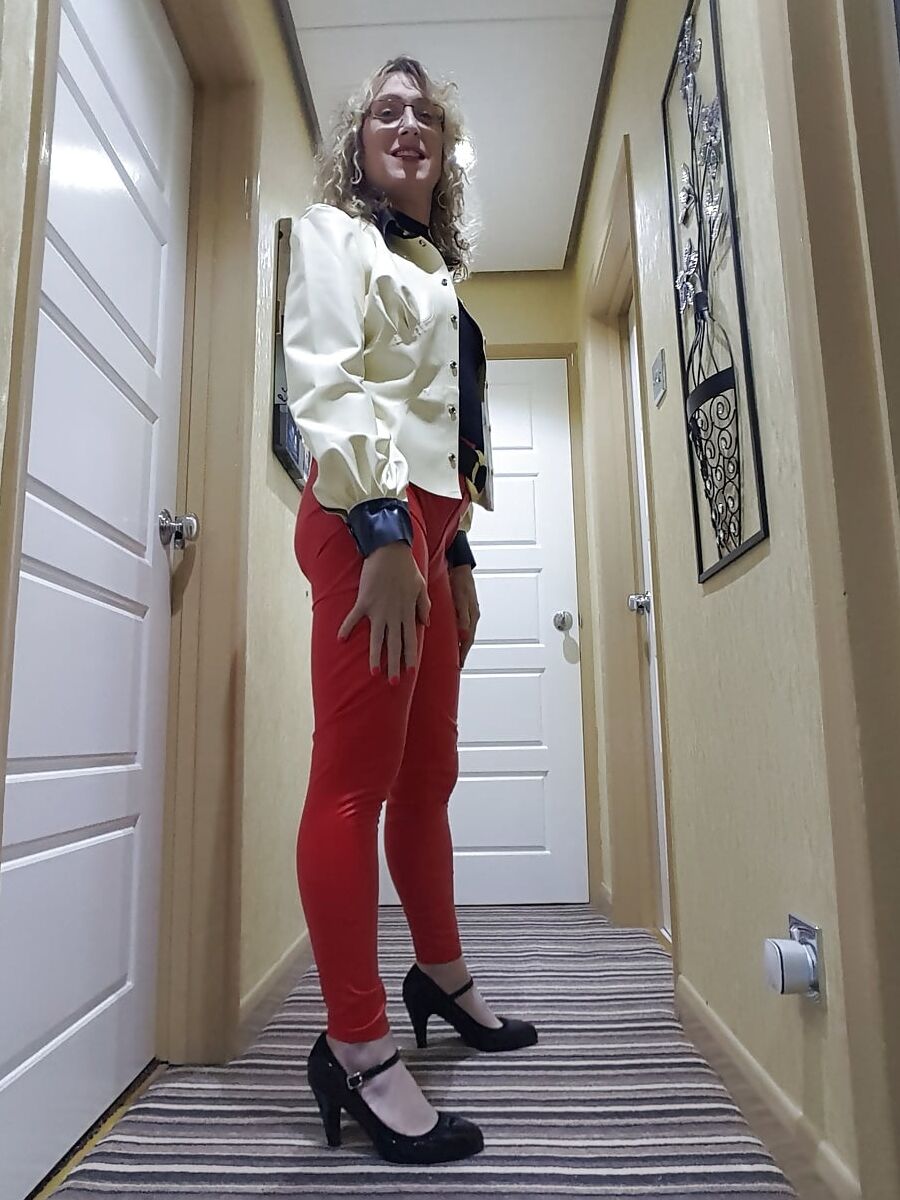 White latex jacket and red latex trousers