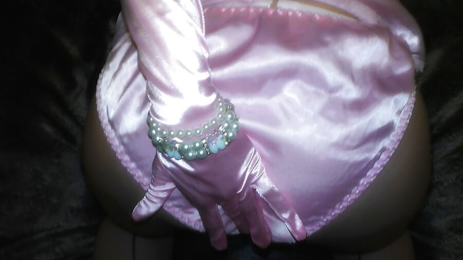 Shiny liquid satin slip, panties and nylons masturbation