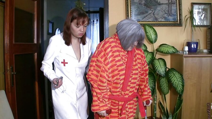 Young nurse washes a granny for fucking