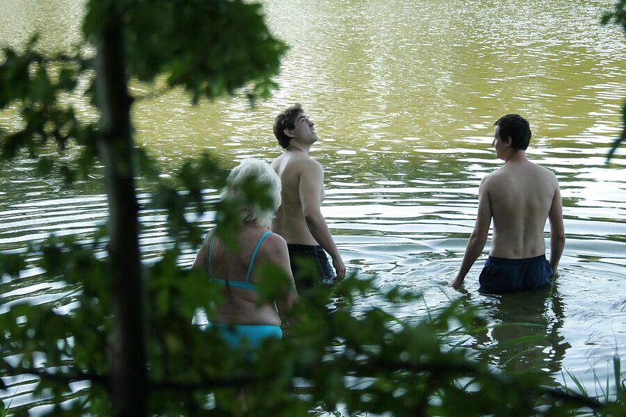 Grandma fucked by 2 young cocks in the woods