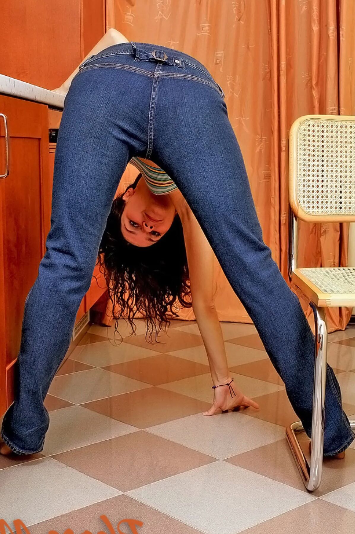 Cute Brunette Lara Wearing Jeans and Pantyhose Strips