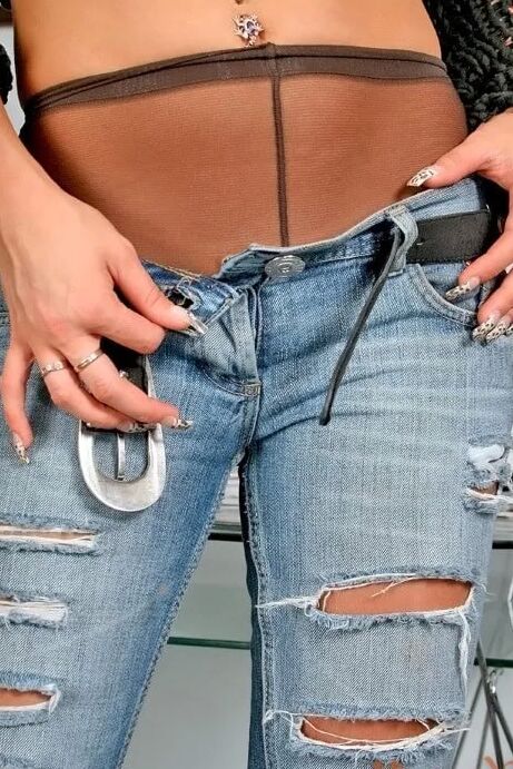 Blonde Takes Off Blue Jeans Wearing Pantyhose
