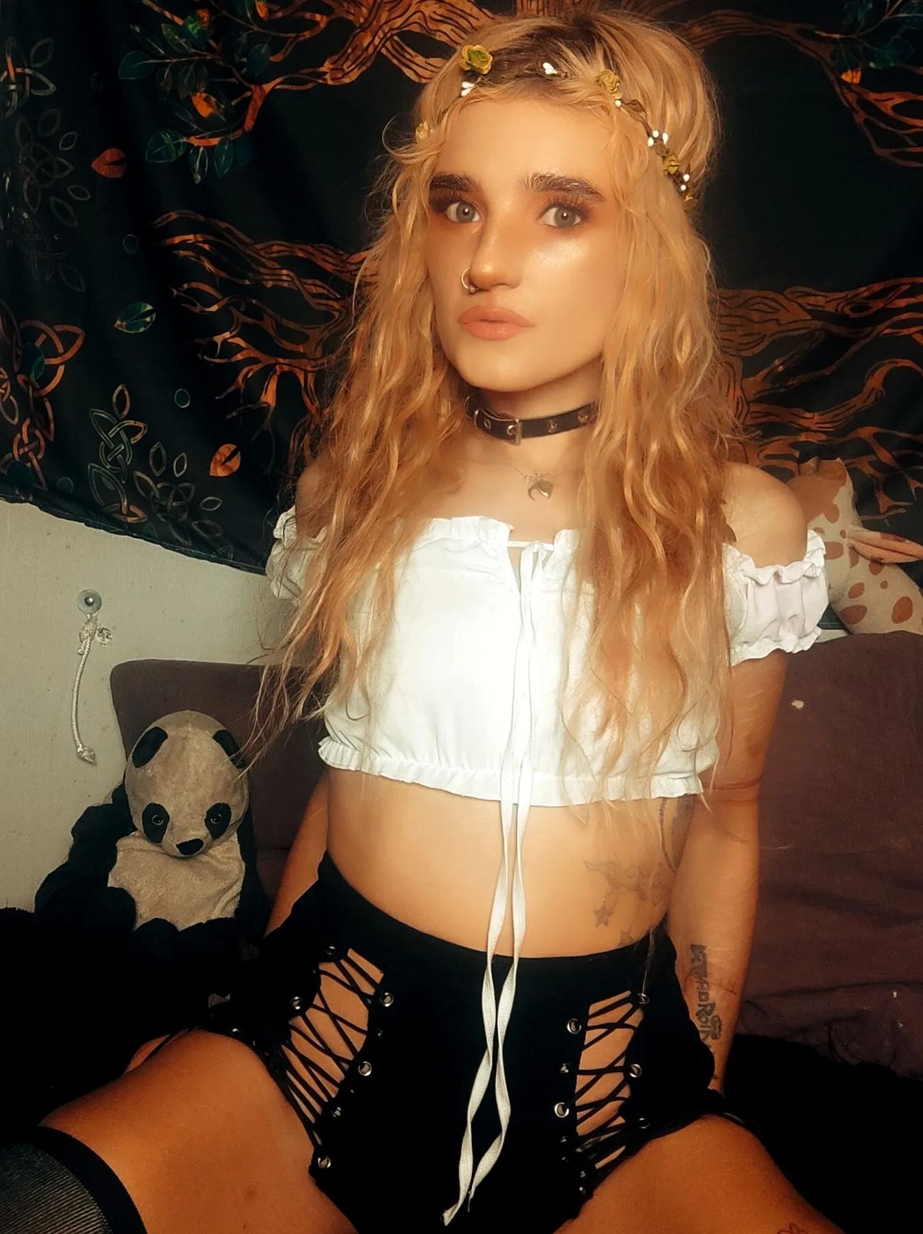 Being a treat in fishnet, thigh highs, pink cosplay