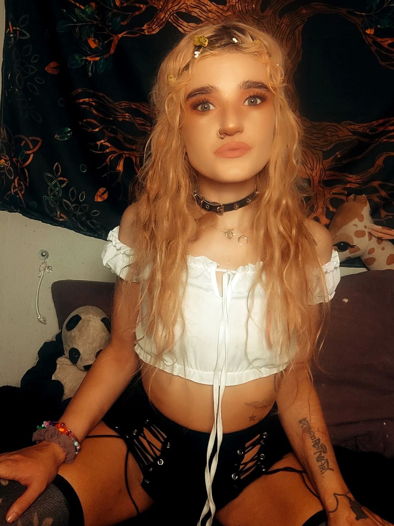 Being a treat in fishnet, thigh highs, pink cosplay
