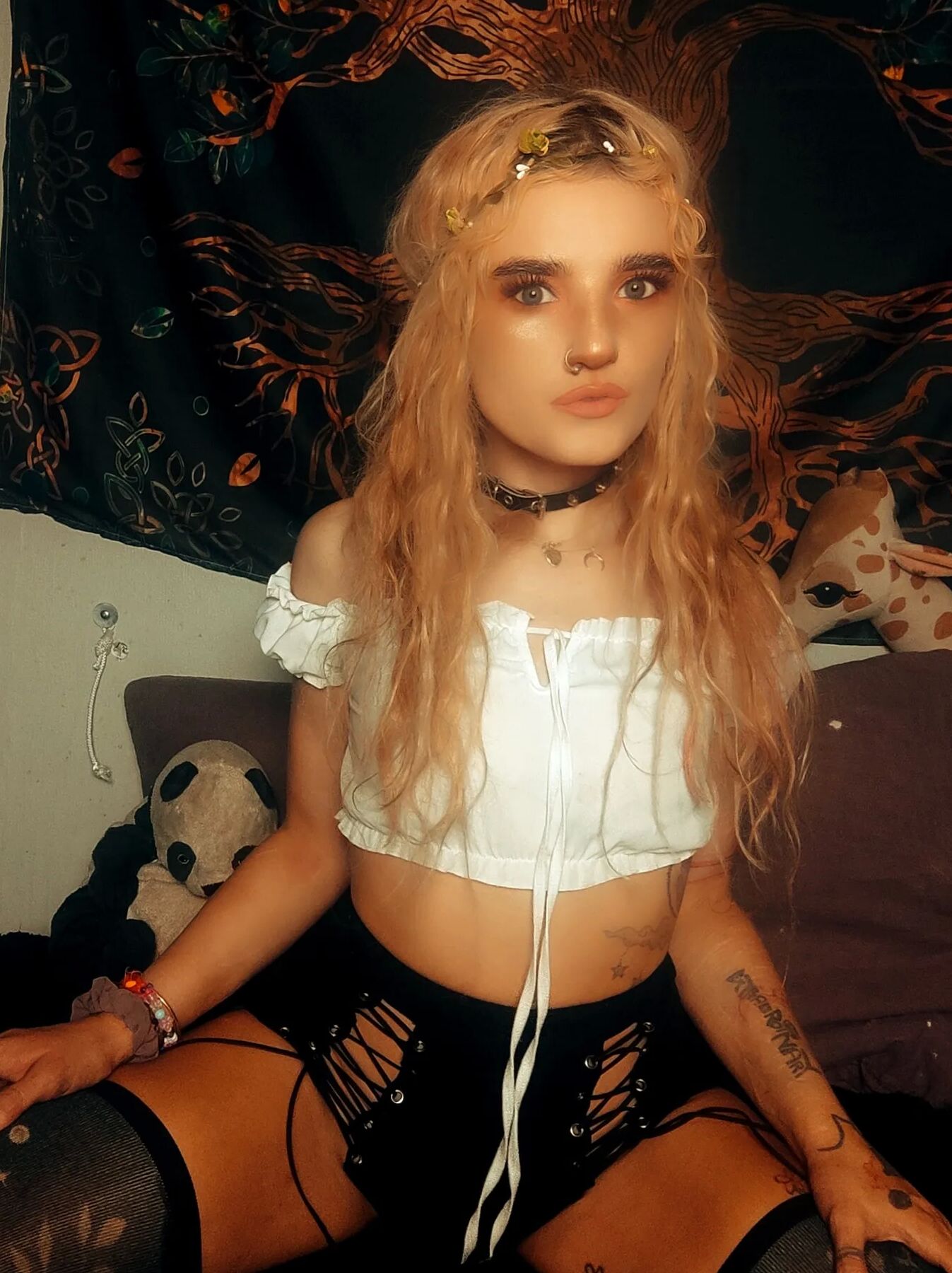 Being a treat in fishnet, thigh highs, pink cosplay