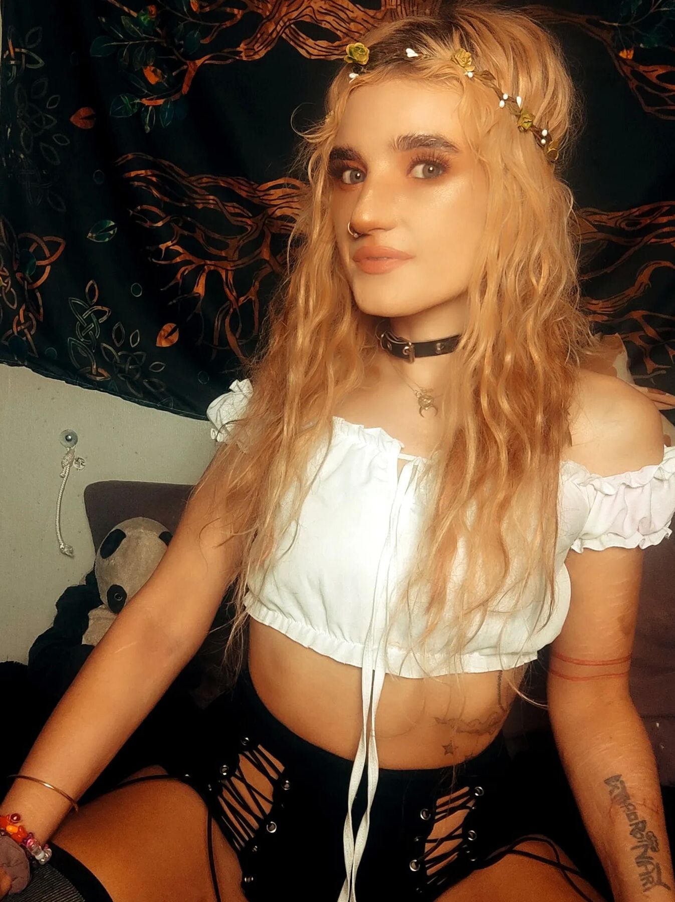 Being a treat in fishnet, thigh highs, pink cosplay
