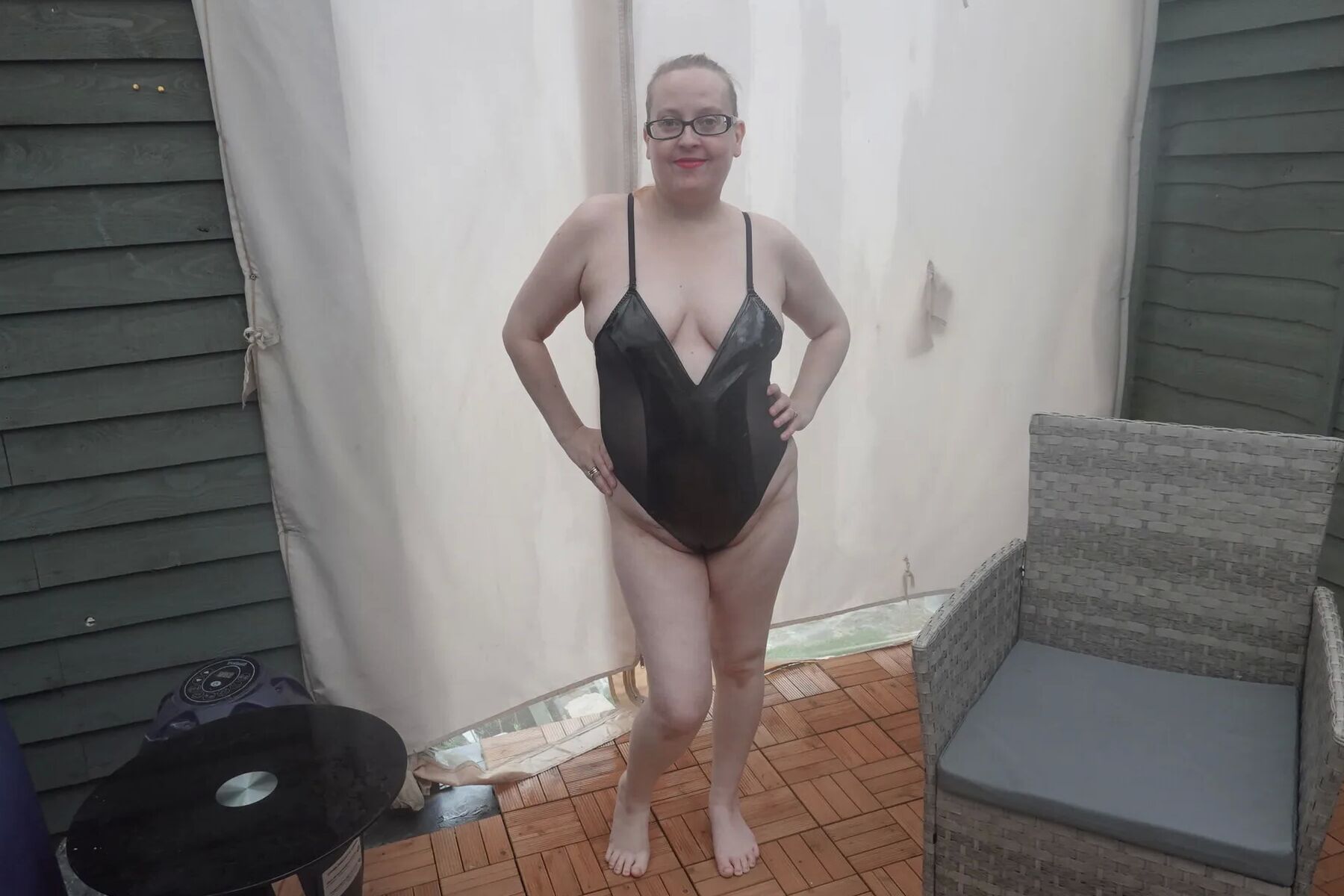 Wife posing in PVC Bodice