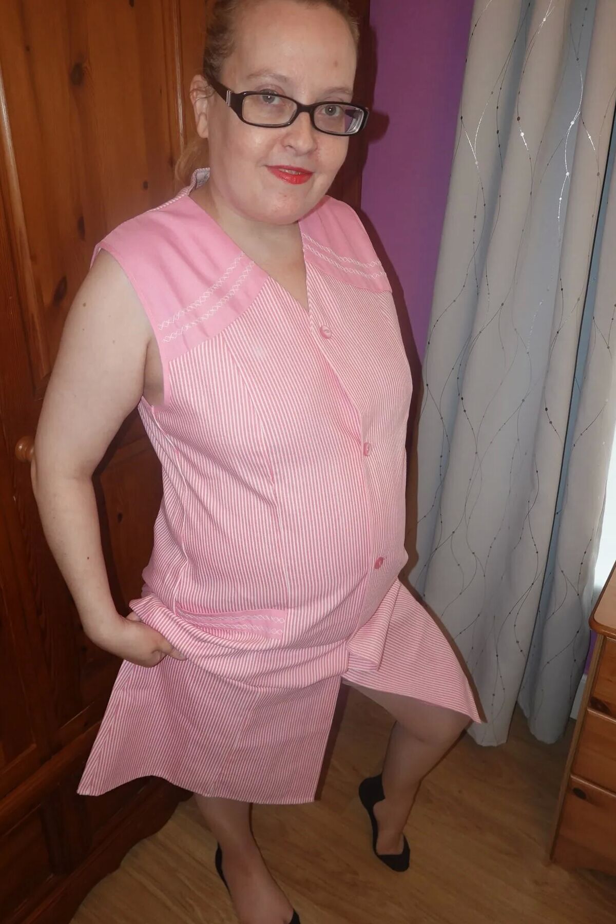 Nylon stockings and suspenders with smock